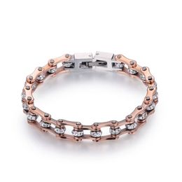 High Quality Motorcycle Chain Bracelet For Women IP Rose Gold Crystal 316L Stainless Steel Bike Chain Bracelet 10mm2465