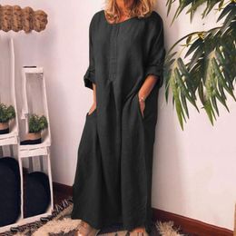 Casual Dresses Women's Summer Fashion Cotton Linen Solid Loose Long Sleeve V Neck For Women Womens Swing Dress Woman