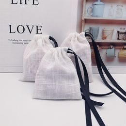 Jewelry Pouches Bags 50pcs Jewelry Cotton Gift Bag with Black Ribbon 9x12cm Wedding Birthday Party Candy Pouch Jewelry Packaging Display Pouches 230728