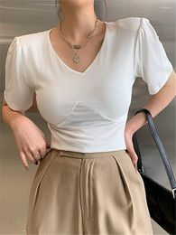 Women's T Shirts Summer Pads Shoulder White S 2023 Short Sleeve V-Neck Minimalism Bottoming Casual Chic Tops Female
