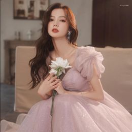 Party Dresses Sweet Pink Evening Dress French V-Neck Pleated Bow Birthday Sequin Princess Bubble Sleeve Long Banquet Gown