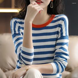 Women's Sweaters Pure Cotton Round Neck Striped Knitted Bottoming Shirt Spring And Autumn Loose Thin All-match Pullover