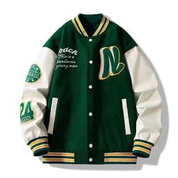 Men's Jackets Embroider Letters N Men Varsity Bomber Jacket Oversize Vintage Y2k Baseball Coats Women Leather Sleeve Green Autumn Outerwear 230728