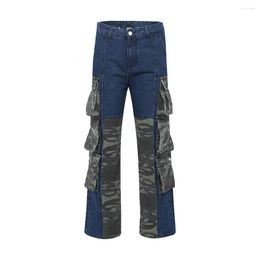 Men's Jeans Men Pocket Camouflage Splice Outdoor Casual Denim Cargo Trouser Man High Street Fashion Hip Hop Motorcycle Pants