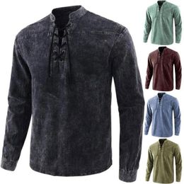 Men's Casual Shirts Men Shirt Solid Colour Lace Up Vintage 2023 Long Sleeve Pullover Male Handsome Oxford S-3XL