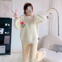 Women's Sleepwear Winter Nightie Pyjamas Flannel Kawaii High-End Feather Yarn Clearance Women 2 Pieces Set Pyjamas