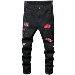 Mens Black Jeans Fashion Hip Hop Skinny Printed Pattern Elastic Denim Trousers Casual Waistline Jogging Pencil Pants 210716