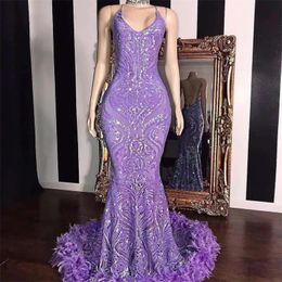 Lavender Luxury Feathers Long Mermaid Prom Dresses Sexy Halter Lace Sleeveless Women Special Occasion Evening Gowns Slim Fit Arabic Aso Ebi Formal Party Wear CL2652