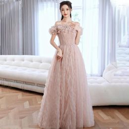 Party Dresses Pink Short Sleeves Evening Dress Elegant Simple Floor Length Lace Up Boat Neck A-Line Plus Size Woman Formal Gowns XC065
