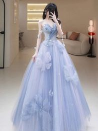 Stunning Prom Dress Light Blue Party Quinceanera Dresses Sweetheart Pleats Tulle with Butterfly Applique