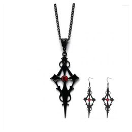 Pendant Necklaces Vintage Dark Red Zircon Cross Vampire Necklace Earrings For Men Women Statement Punk Halloween Party Jewellery Gifts