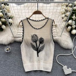 Women's Tanks Woven Hollow Out Tank Tops Embroidery Floral O Neck Summer White Vest Knit Sleeveless Print Black Crop Top Basic Camis