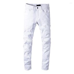 Men's Jeans Mens White Slim Fit High Street Fashion Style Destroyed Tie Dye Bandana Ribs Patches Distressed Skinny Stretch Ripped