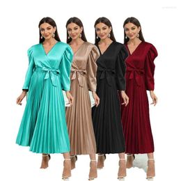 Casual Dresses Women Middle Eastern Dress Gown Islamic Clothing Solid Color Muslim Dubai Caftan Saudi Abayas Pleated Lace-up