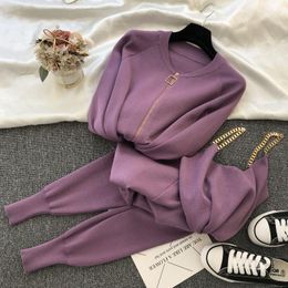Women's Two Piece Pants Autumn Knitted Women Sets Solid Sexy Vest Long Sleeve Zipper Cardigans Elastic Waist 3pcs Tracksuits Clothing