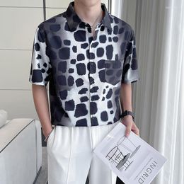 Men's Casual Shirts Summer Fashion Front Pocket Design Loose Short Sleeve Print For Men Clothing 2023 All Match Thin Tuxedo Black