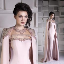 Elegant Beaded Crystal Evening Dresses with Cape Wrap Arabic Dubai Evening Gowns Pink Prom Dress Robe De Soiree Women Formal Gown 319e