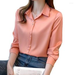 Women's Blouses Luxury Pink Silk Shirts Long Sleeve 2023 Women Designer Lapel Button Up Lady Solid Simple Casual Satin Shirt OL Tops