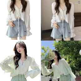 Women's Jackets Sweet Ruffle Lace Up Cardigan Womens Summer Long Sleeve Sunscreen Woman Korean Style Chiffon Crop Tops Tshirt