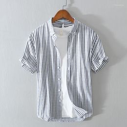 Men's Casual Shirts Summer And Spring Men Short Sleeve Striped Shirt Loose Cotton Youth Top Workwear Khaki Blue GC-L867