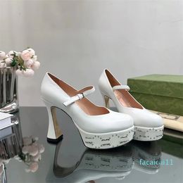 2023 designer pure color high heels sandals womens Leather One-line buckle style catwalk party waterproof sandal ladys Round toe chunky
