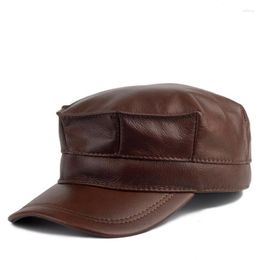 Ball Caps Leather Hat Men Winter Casual Outdoor Cowhide Flat Top Octagonal Cap Male Korean Fashion Earflap Warm Sboy Berets Dad Chapeau