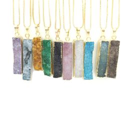 JLN Druzy Agate Long Bar Rectangle Pendant Geode Quartz Stone Pendants With Brass Chain Jewelry For Men Women