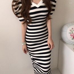 Casual Dresses 2023 Summer Korean Bottom Knitted Striped Maxi Dress Women Short Sleeve Splitting Bodycon Fashion Elegant Slim Vestidos