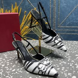 Leather striped stiletto heels Womens shoes Summer autumn spring fashion single shoes with pointed metal temperament high-grade shoes 8cm Sizes 35-43 +box