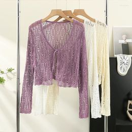 Women's Knits Female Hollow Out Sweater Shirts Lady Summer Full Sleeve Laced Crocheting Cardigan Thin Short Coats For Slim Woman