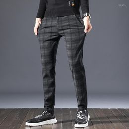 Men's Pants Brand High Quality Winter Fleece Warm Fluff Thick Men Straight Elastic Plaid Stripe Cotton Black Trousers Male