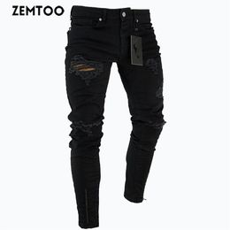 ZEMTOO Men's black ripped jeans washed frayed trousers zipper decoration pants3013