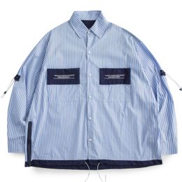 Men's Casual Shirts LACIBLE Autumn Blue Striped Patch Pocket Shirt Coats Men Women Loose Long Sleeve Shirt Jacket Harajuku Streetwear Button Shirt 230728