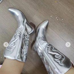 Boots Women's Western Boots Cowboy Cowgirls Pointed Toe Knee High Pull On Shoes Chunky Heel Fashion Silver Bling Embroidered Boots 230729