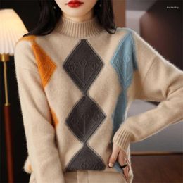 Women's Sweaters 2023 Half Turtleneck Wool Knit Pullover Autumn Winter Lady Vintage Diamond Plaid Cashmere Sweater Female Soft Knitwear H032