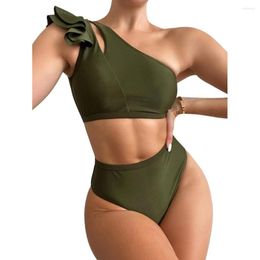 Women's Swimwear 2023 Sexy One-Shoulder Solid Colour Ruffled Split Swimsuit Backless Beach Bathing Suit Brazil Bikini Set
