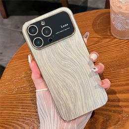 Electroplated Frame Wood Grain Pattern Phone Case For iPhone 15 14 Pro Max 13 12 11 Plus Camera Protection Shockproof Armor Cover