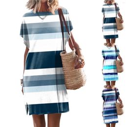 Casual Dresses Womens Colourful Western Style Comfortable Striped Vacation Simple Dress Tie Waist Midi