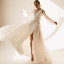 Simple 2023 Sexy V-Neck Long Sleeve Slit Pleats A-Line Glitter Tulle Wedding Dress Bridal Gowns Vestido De Noiva