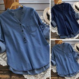 Women's Blouses Breathable Women Shirt Stylish Denim Small Stand Collar V-neck Buttons Loose Fit Long Sleeve Top Streetwear