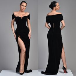 Sexy Black Evening Dresses Off Shoulder Velvet Split Party Prom Dress Sweep Train Long Dress for red carpet special occasion