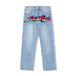 Mens Plus Size Pants Hip Hop Embroidery Gradient Jeans Mens Ripped Straight Full Printed Streetwear Denim Trousers234m