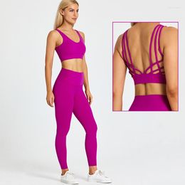 Active Sets With Logo 2 Piece Sport Suit Women Yoga Set Gym Wear High Waist Leggings Padded Push Up Strappy Sports Bra Workout Clothes