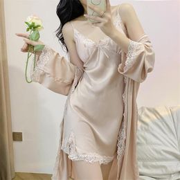 Women's Sleepwear Jxgarb Arrival Ice-silk Robe Gown Pyjamas Sets Lace Trim Bowknot Nightdress With Bathrobes 2 Pieces Sexy Homewear