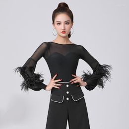 Stage Wear 2023 Women Latin Dance Top Elegant Ostrich Feather Modern Leotard Waltz Ballroom Clothes Long Sleeves