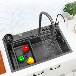 Nano Black Kitchen Sink Stainless Steel Countertop Multifunctional Digital Display Waterfall Faucet with Drainager