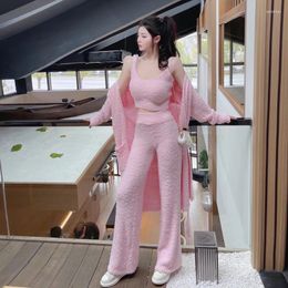 Women's Two Piece Pants Ins Net Red With The Same Lamb Velvet Suit Plush Knitted Nightgown Three-Piece Women Straps Slim Pyjamas Set