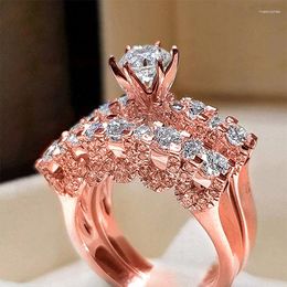 Wedding Rings 2pcs Luxury Round Bridal Sets White Zircon Couple For Women Rose Gold Silver Colour Promise Engagement Ring Set Jewellery CZ