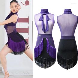Stage Wear Latin Dance Training Clothes Purple Mesh Top With Contrast Fringe Skirt Chacha Rumba Performance DQS11066