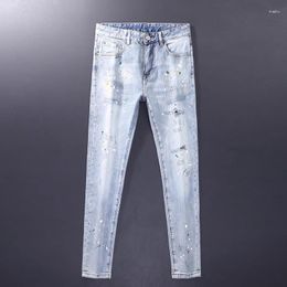 Men's Jeans Street Fashion Men Retro Light Blue Elastic Slim Fit Vintage Ripped Painted Designer Hip Hop Denim Pants Hombre